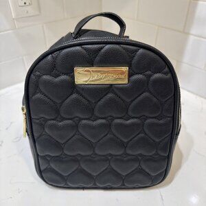 Betsey Johnson Mini Backpack Black Faux Leather Bag Hearts Embossed Quilted Zip